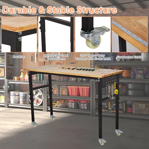 60'' Adjustable Workbench with Power Outlet & Scale,29"-40" Height Adjustment Rolling Mobile Workbench,2000 Lbs Load Capacity Rubber Wood Workstation,Heavy Duty Work Table,for Garage,Workshop