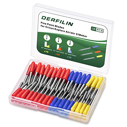 DERFILIN 50 cuchillas de punta fina son compatibles con máquinas Cricut Explore Air2/Air 3/Maker/Maker, 3, 30° 45° 60° hojas de repuesto de tela de vinilo (3 colores, 50 unidades) Cover