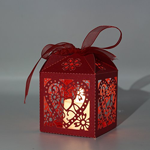 KPOSIYA 100 Pack Love Heart Laser Cut Wedding Party Favor Box Candy Bag Chocolate Gift Boxes Bridal Birthday Shower Bomboniere with Ribbons - Thumbnail 3