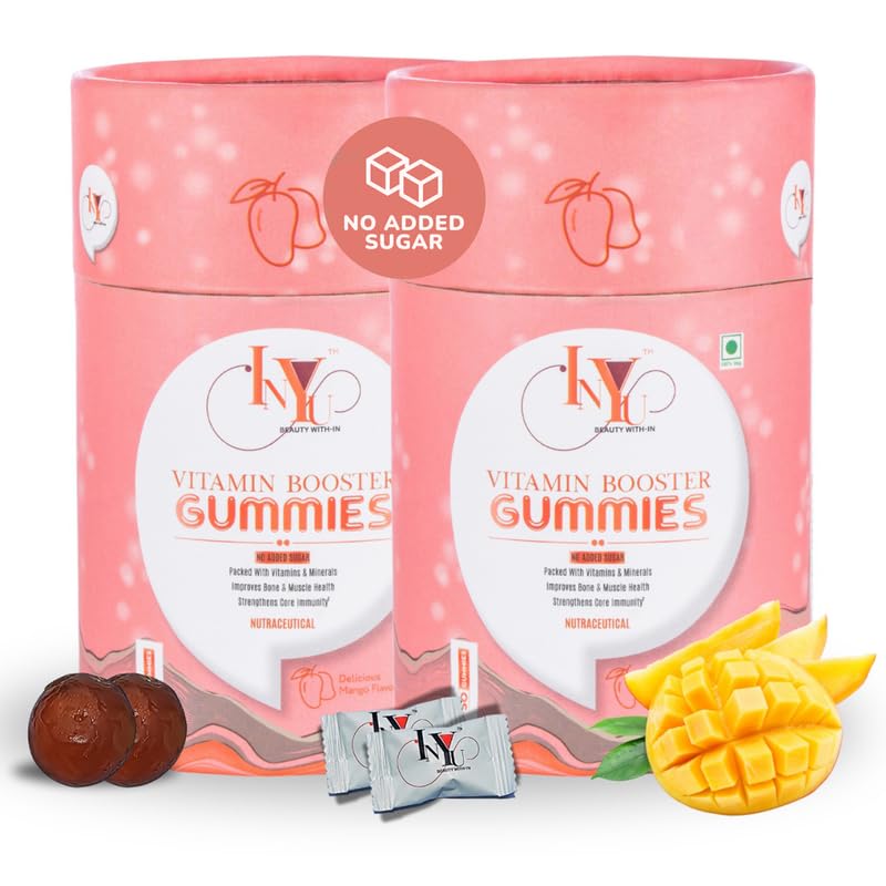 Image of INYU Vitamin Booster Gummies - 60 Days Pack | No Added Sugar | with Vitamin D, A, C, E, B Complex, Folic Acid | Mango Flavor | Supports Immunity, Digestion & Energy | for Women & Men
