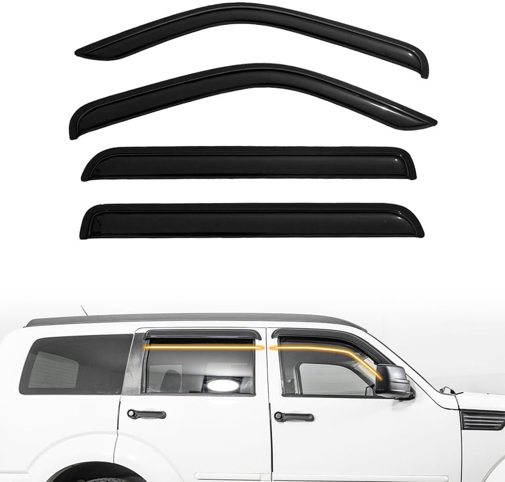 Tape on Window Visor Deflectors, Compatible with 2007-2011 Dodge Nitro, Acrylic Smoke Tinted Slim Style Window Rain Guards, Sun Wind Side Vent Visor Set, 4 Pieces
