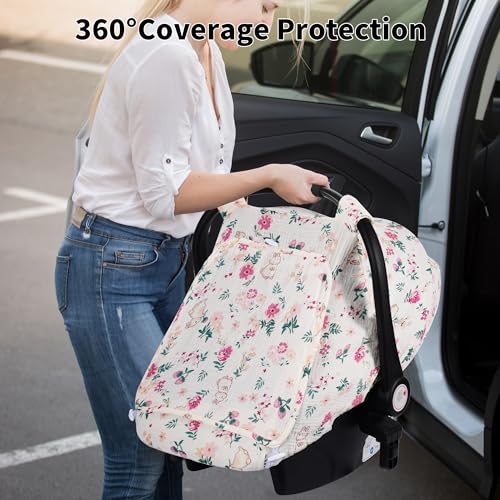 Image of Rquite Car Seat Cover Baby, Carseat Covers Girl Boy, Breathable Muslin Cotton, Large Mesh Window, Infant Car Seat Canopy Baby Carrier Cover Stroller Sun Shade for Summer & Hot Day