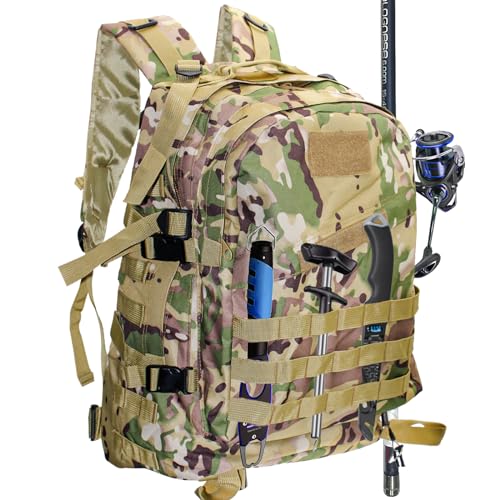Ghanneey Mochila de equipamento de pesca, mochila de ombro ao ar livre com suporte de vara para pesca, caminhadas, caça, acampamento, C-camuflagem, Gh-01