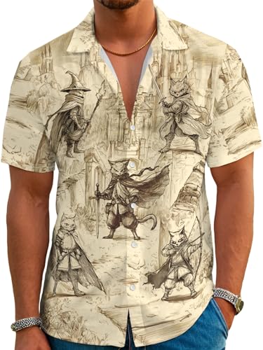 Colonghsou Men's Hawaiian Shirt Medieval Cat Knight Print Button Down Shirt Short Sleeve Aloha Clothing Vacation Outfits Beige