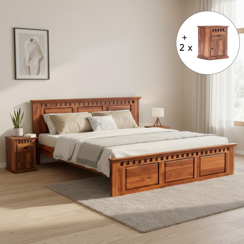 Image of Amazon Brand - Solimo Solid Sheesham Wood Kuber King Size Bed Without Storage + 2 Bedside | Wooden King Size Cot Bed | Double Bed with 2 Bedside Furniture for Bedroom (Honey Finish)