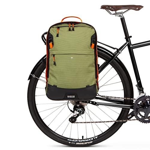 Two Wheel Gear - Pannier Backpack Convertible Plus (30 Litre) - Weatherproof 2-In-1 Bike Commuting And Laptop Travel Bag, Recycled Material, Olive/Tangerine #TOP8