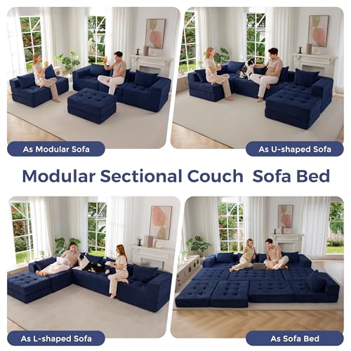 Image of MAXYOYO Modular Sectional Sofa Couch, Foldable U Shaped Cloud Couch with Pillows, Tufted 6-Seat Boneless Lounger Floor Sofa Bed for Living Room, No Assembly Required, Navy