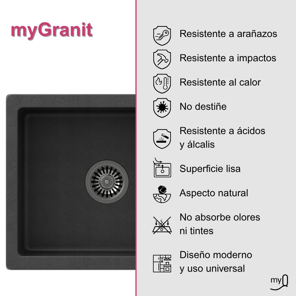 MyQ Fregadero de granito | tamaño: 77 x 44 x 18,5 cm, color: beige | PARIS 11 Fregadero de cocina Fregadero de una cubeta con escurridor y sifón manual | para armarios a partir de 50 cm