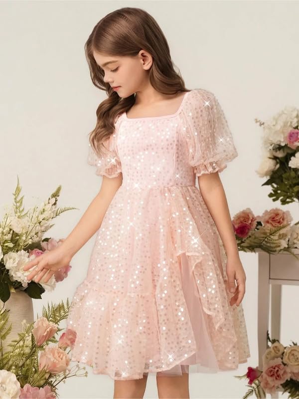 Image of Niren Enterprise Peach Printed Knee Length Short Sleeves Square Neck Stylish Girls Party Dress