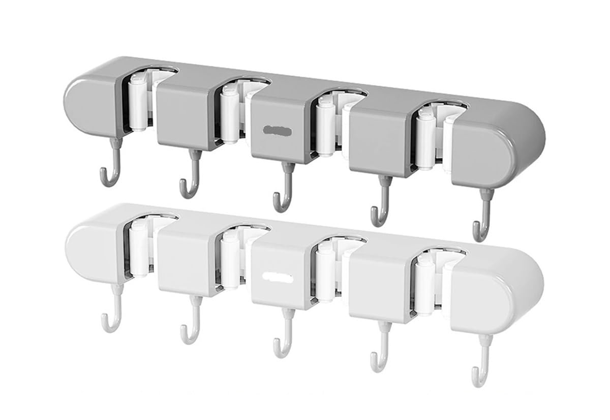 1/2 soportes para escobas con ganchos, montaje en la pared, estante de almacenamiento para escobas sin taladrar (gris, 2 piezas)
