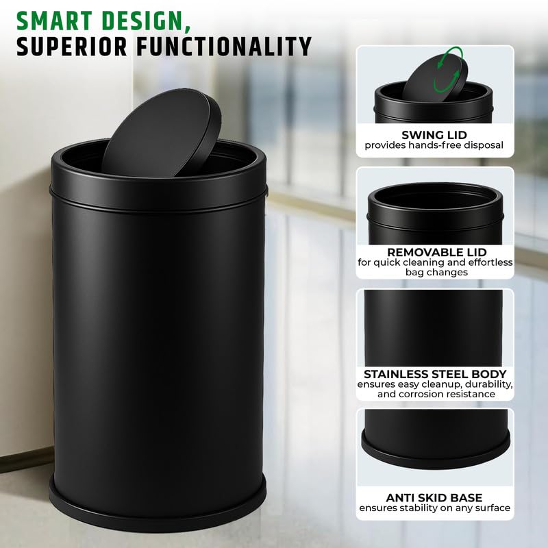 Image of Robustt Swing Lid Dustbin - 60L | Black Stainless Steel Trash Can | 12 Inch (W) x 28 Inch (H) | Swing lid dustbin with removable lid| For Kitchen, Bathroom, Office & Commercial Use - Pack of 1