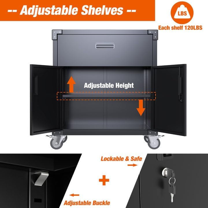 Miniatura 5 de SUXXAN Armario de almacenamiento de metal para garaje con rueda para el hogar, estantes ajustables, con cerradura, diseño de refuerzo y parachoques,