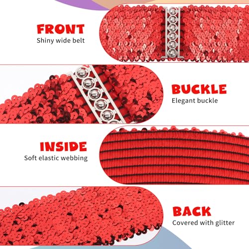 4 Pcs Glitter Sequin Belt, Wide Waist Elastic Belt Disco 70s 80s Metal Buckle Belts Clothing Accessories for Women Girl Bridal Dance Party Dresses Costume (Gold,Silver,Black,Red)3