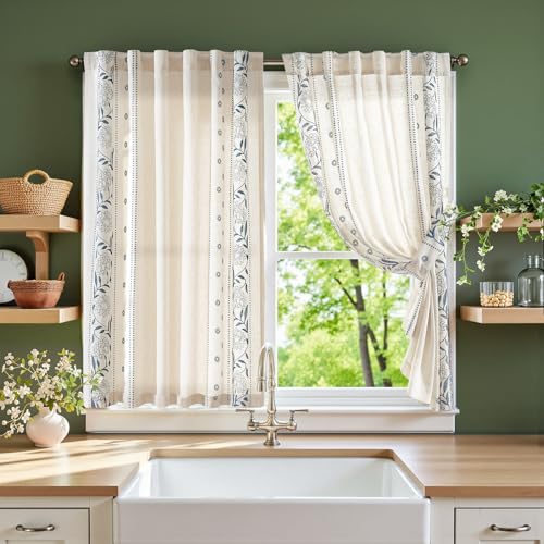 Image of jinchan Blue Floral Linen Kitchen Tier Curtains 45 Inches Back Tab 2 Panels