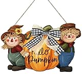 snaxuda Fall Door Sign Decor Scarecrow Autumn Pumpkin Thanksgiving Wood Front Door Hanger for Outdoor Outside Porch, Farmhouse Rustic Wooden Wreath Indoor Wall Hanging Decoration