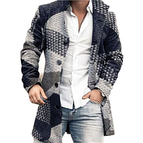 BROZZY Herren Jacke Mittlere Länge Stehkragen Knöpfe Casual Coat Slim Fit Gentleman Druck Tweed Mantel Urban Temperament Langarm DY-18 XXL