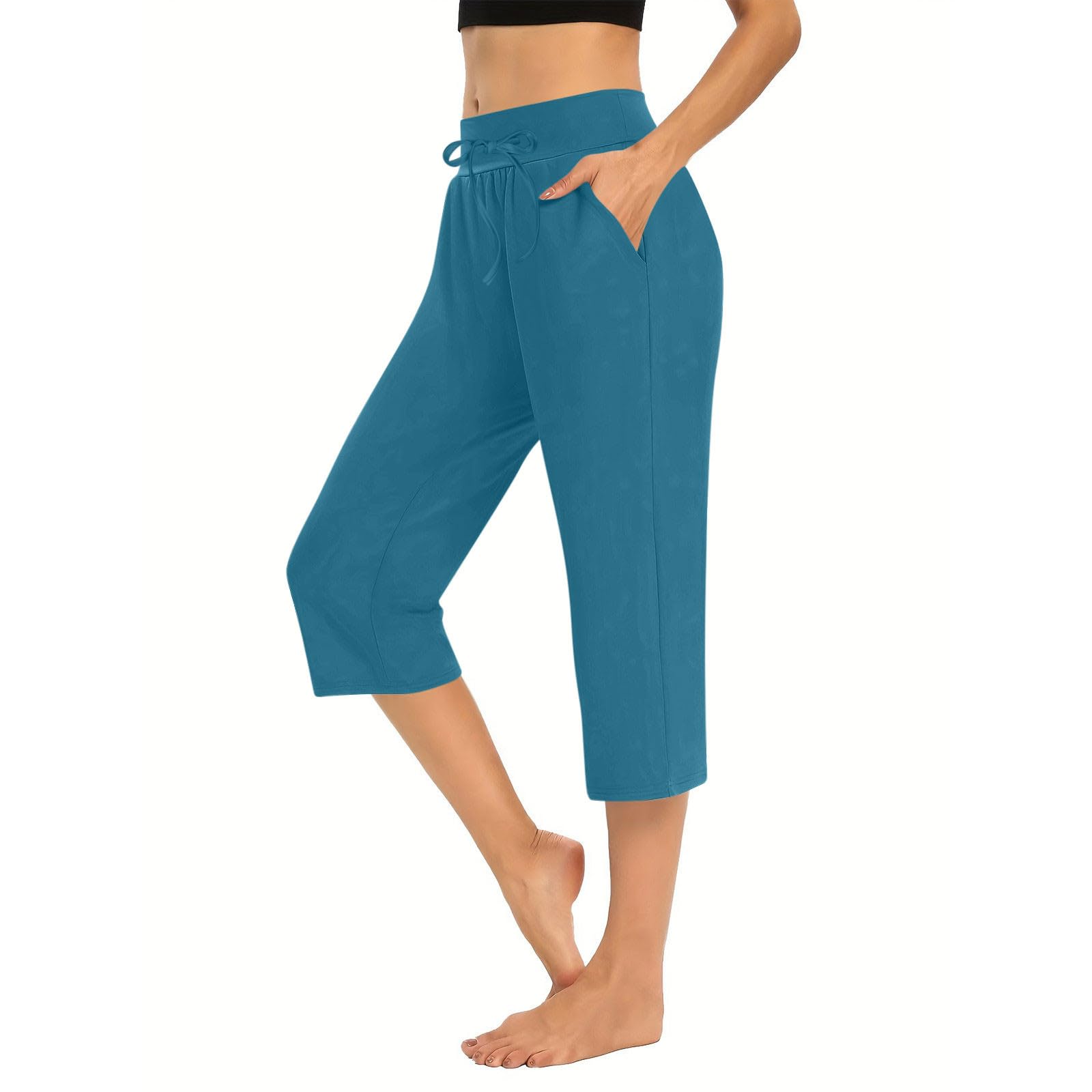 Wide Leg Capri Pants for Women Summer Elastic Waist Drawstring Yoga Pants Comfy Lounge Cropped Trouser with Pockets(Blue,Medium)