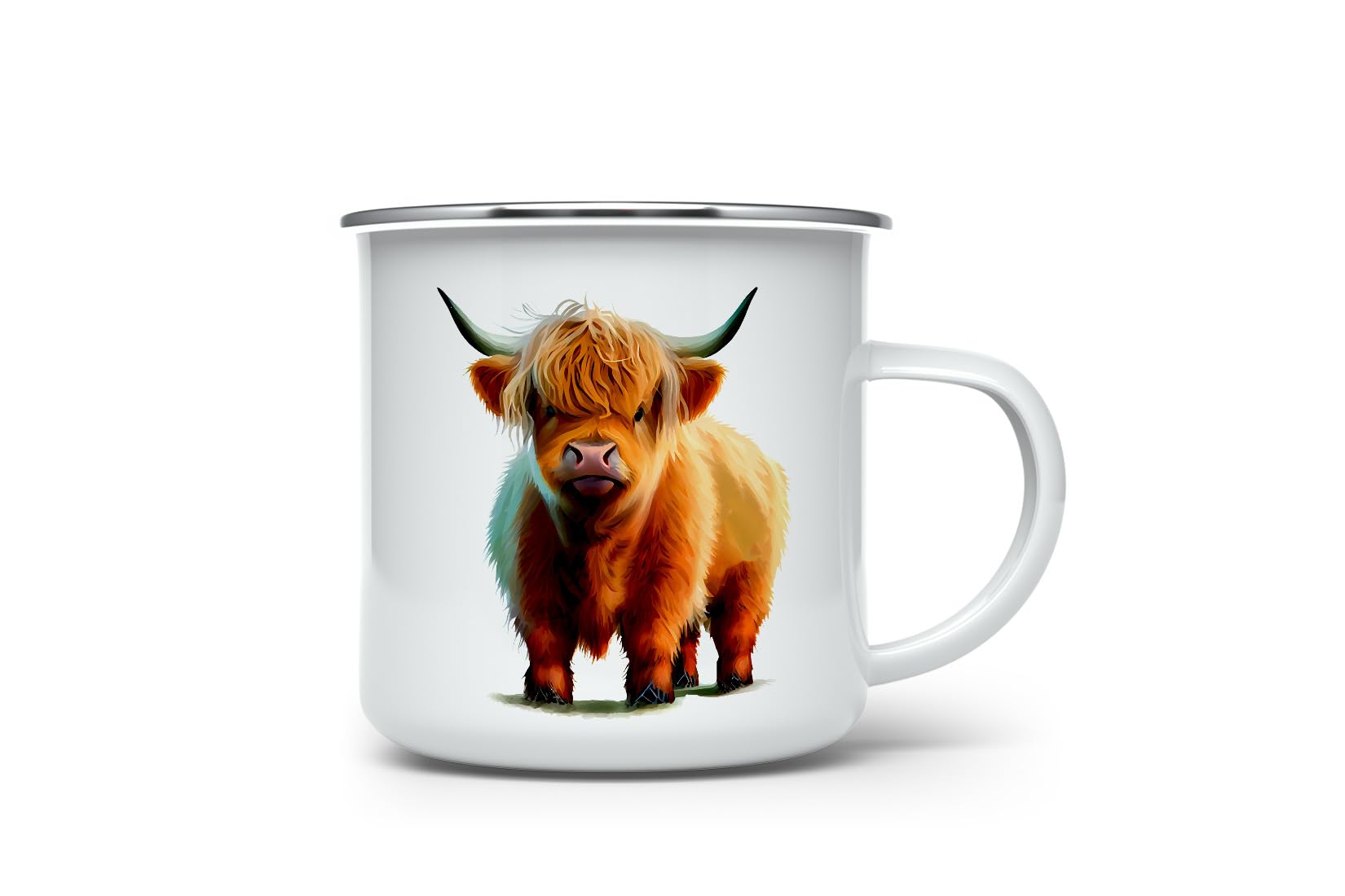 MAXIKIWI - Durable Enamel Coffee or Tea Camping Mug for Indoor Outdoor Use - Cute Highland Cow Watercolor - 350ml