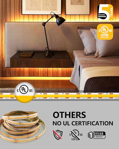 Image of EMITEVER COB LED Strip Lights Warm White, 3000K Tape Light 16.4FT Premium High Density, DC 24V, 300+Lumens /ft,2400LEDs /Spool, Ra 90+, 3W /ft, UL Listed 5 Year Warranty (Power Supply Sold Separately)