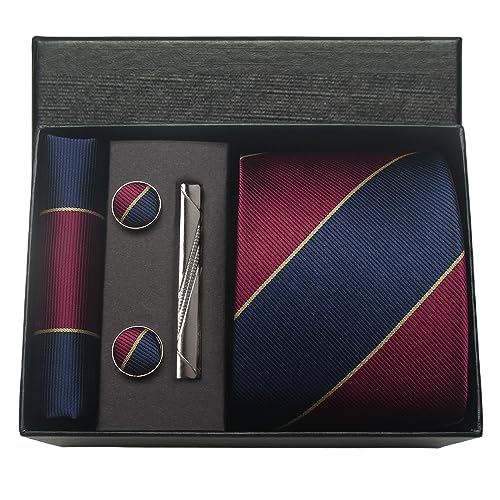 Image of Striped Plaid Polka Dot Mens Tie Formal Necktie Pocket Squares Ties Clips Cufflinks Classic for Men Set