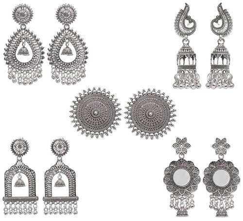FASHIONS Boho Afghani Vintage Tribal Style Traditional Indian Oxidized Silver Combo Stud Piercing Earring For Women (Oxidised Earrings Combo Set)
