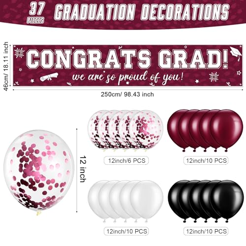 Image of 37Pcs Graduation Banner Balloon Decorations Class of 2026, Congrats Grad Banner Yard Outdoor Decorations, Graduation Balloons Banners Set for High School College Grad Party Supplies, Maroon