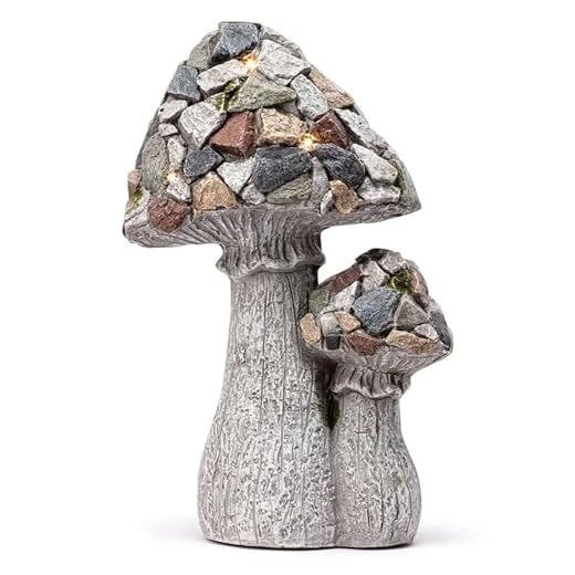 Napco Mosaic Rock Woodland Mushrooms 15.75 x 10 inches Grey Resin Stone Collectible Figurine Statue Sculpture with Solar Light, Indoor Outdoor Garden Décor