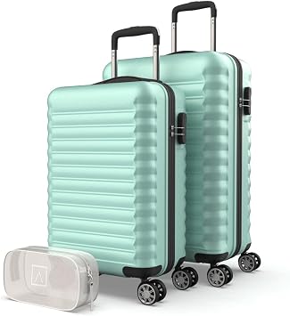 NUMADA Hard Case Set 3pcs Cabin Suitcase 53cm, Medium Suitcase 63cm and Toiletry Bag Set Travel Suitcase ABS 4 Double Wheels Heavy Duty Lightweight and Safe Green
