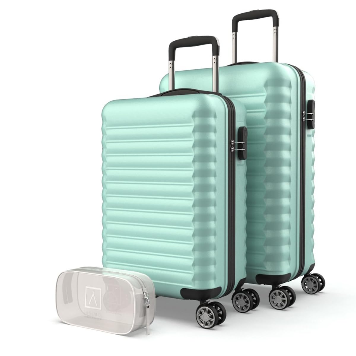NUMADA-Juego de Maletas Rígidas 3pzs. Maleta Cabina 53cm, Maleta Mediana 63cm y Neceser. Set de Maletas de Viaje ABS Eco Friendly, 4 Ruedas Dobles, Resistentes, Ligeras y Seguras (Verde)