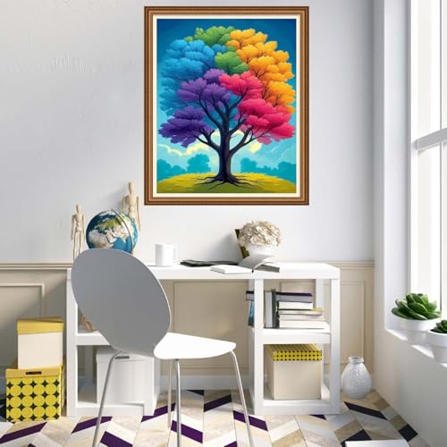 Image of Disnesart Cross Stitch Stamped Full Embroidery Kits DIY 11CT Cotton Thread Printed DIY Needlepoint Kits Craft Needlework Set Cross-Stitch Stamped Sets-Colorful Tree 16x20 inch