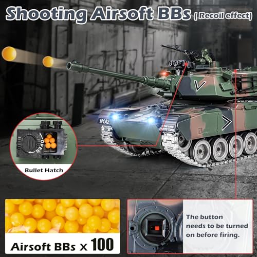 Supdex Rc Panzer USA M1A2, 1/18 Panzer Ferngesteuert mit Schussfunktion, Ww2 Militar mit Rauch Und Sound, 2.4ghz Panzer Modell mit Licht, Rc Ww2 Spielzeug für Kinder und Erwachsene