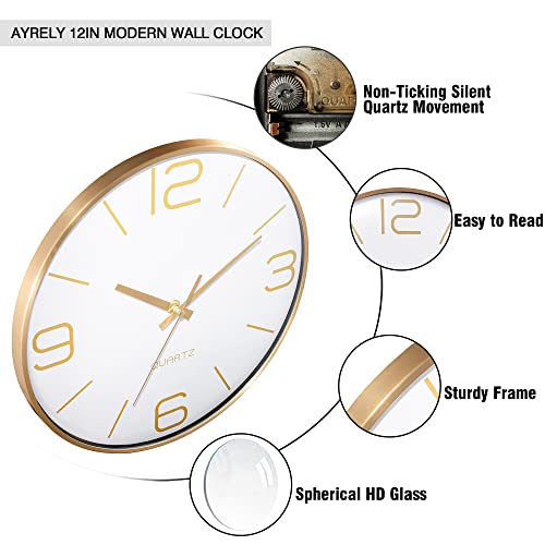 Image of AYRELY 12 Inch Silent Modern Wall Clocks Battery Operated, Wall Clock for Living Room Decor,Gold Metal Frame Clock Decorative for Bedroom,Kitchen,Office