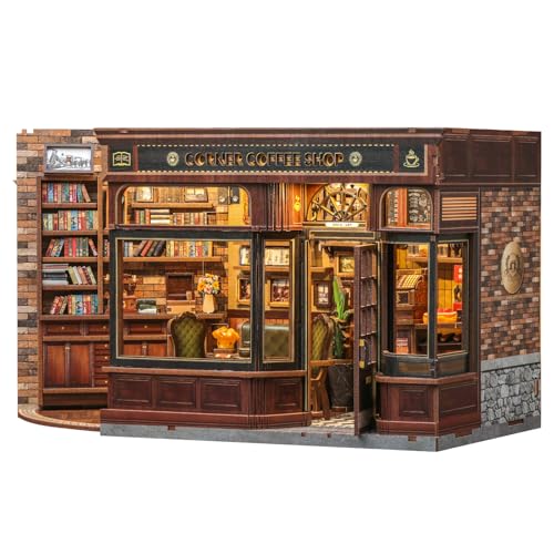 Fsolis Book Nook Kit - DIY Miniature Dollhouse Kit for Adults Tiny House Mini Craft Bookshelf Library Decor DIY Project for Women Teenagers Puzzle Hobbyists and Collectors (Corner Coffee Shop)
