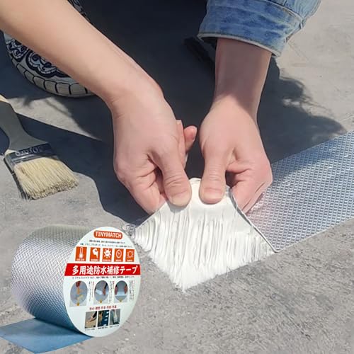 TINYMATCH 水漏れ防止テープ 10cm*10m 屋外 防水用ブチルテープ 耐熱耐低温 高粘着性多用途強力 防水 テープ コンクリート 屋根 壁 耐水雨漏り補修テープ 修理の亀裂 トラックひび割れ補修 パイプ ホース 水道管水漏れ補修テープ 金属防水アルミテープ ビニール プール セメント ガラス 窓 鉄 船 幅10cm×長さ10mの商品画像（Amazon）