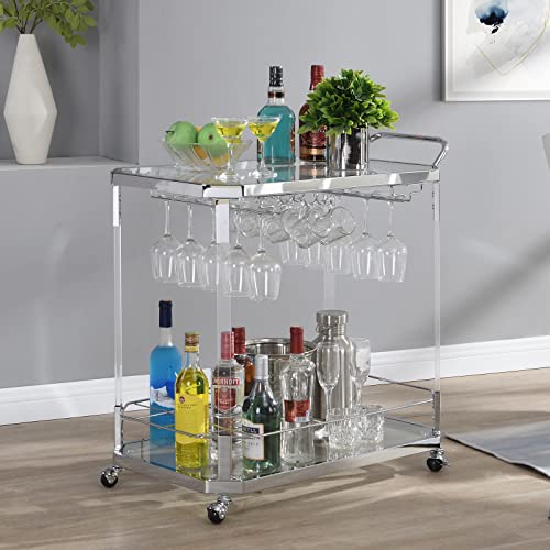 Ferfalder Silver Bar Cart-Coffee Bar Cart Rolling Acrylic Serving Cart With Wine Rack For Home Living Room Kitchen-Chrome #TOP4