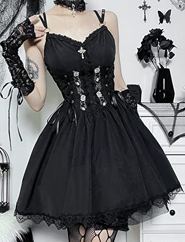 Happy Cherry Mouwloos Gotische Jurk voor Vrouwen Vintage Zwarte Kant Midi Jurk Steampunk Spaghetti Bandje Jurk - Image 3