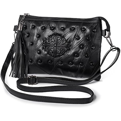 LaRechor Mini Small Handbags Shoulder Bag for Women - Tassel Studded Cross Body Bag - Soft Leather Clutch Purse Bag with Wrist Strap (Black) Cover
