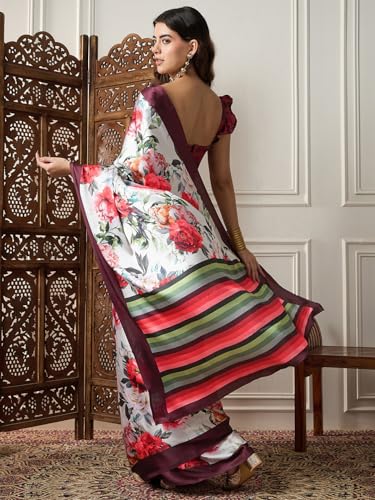 Image of AKHILAM Women's Multicolor Satin Silk Floral Printed Saree With Unstitched Blouse (SATIN1403 RJ11 Parent)