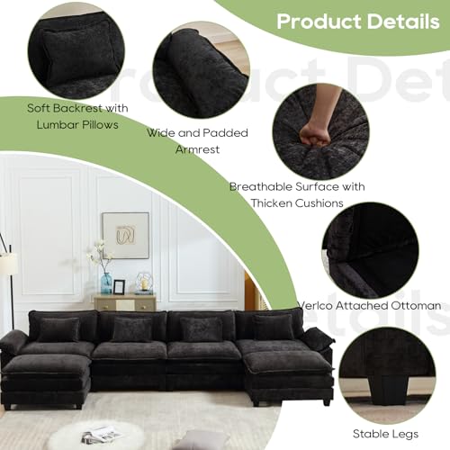 Image of Oprisen 154 inch Modular Sectional Sofa, Comfy Cloud Couch Sectional Sofa with Ottoman, Chenille Sofa Sleeper Deep Seat Sofa with Throw Pillows for Living Room (Black, 154 inch- U Shape)