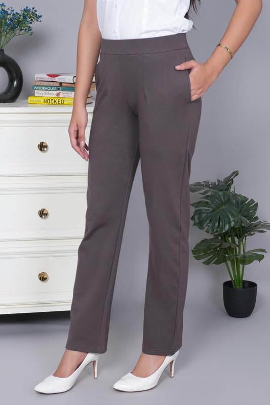 Image of Mlada Straight Fit Cigarette Pencil Pants Elastic Waist Band Mid High Waist Formal Office Trousers for Women, Pockets for Travel Stretch Cotton Knit Full Length Regular /Plus Size