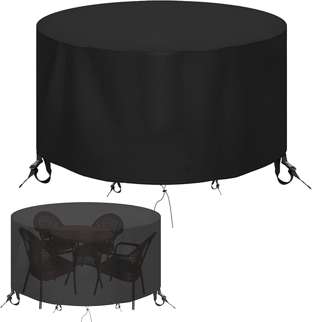 OKPOW Garden Furniture Covers Waterproof,Round Outdoor Table Cover,600D Heavy Duty Rattan Furniture Covers Windproof Anti-UV Table Protector covers for Outside (128x71CM)
