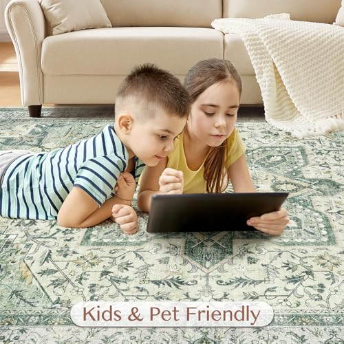 Tortania Area Rug Living Room Rugs - 7x9 Washable Boho Rug Vintage Oriental Distressed Farmhouse Large Thin Indoor Carpet for Living Room Bedroom Under Dining Table Home Office - Green