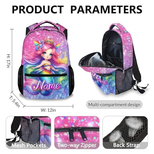 Custom School Backpacks for Girls, Personalized Set of 3 Mermaid Backpack for Toddlers Kids, Large Capacity Bookbag with Lunchbox and Pencil Case Supplies for Kindergarten Elementary Travel2