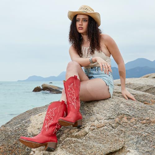 Image of IUV Cowboy Boots For Women Western Cowgirl Boots Mid Calf Snip Toe Boot With Chunky Heel
