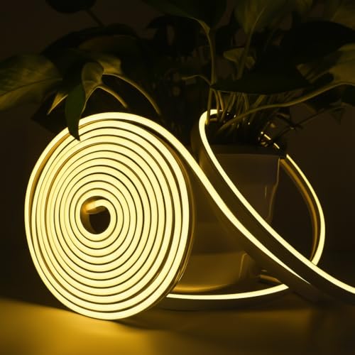 Image of 16.4 Feet LED Neon Strip Lights, with 12V Adapter, Waterproof IP65, Silicone Flexible Rope Light for Home Wall Decor | Neon Lights | 5 Meter | (Yellow)