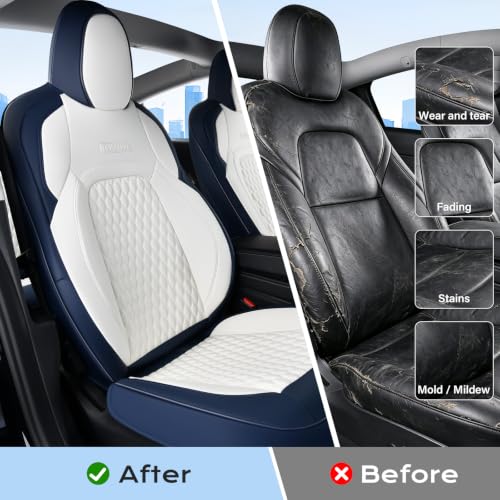 Image of Coverado Front Seat Covers for 2017-2023 Tesla Model 3, Car Seat Covers Front Seats, Front 2PCS Leatherette Car Seat Cover Seat Protector Custom for Tesla Model 3 BlueWhite