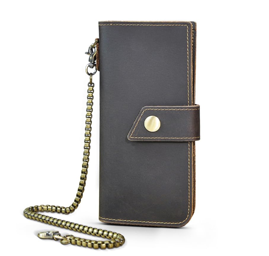 Vintage Mens Genuine Leather Bifold Wallet with Removable Security Chain RFID Blocking (Black,M)