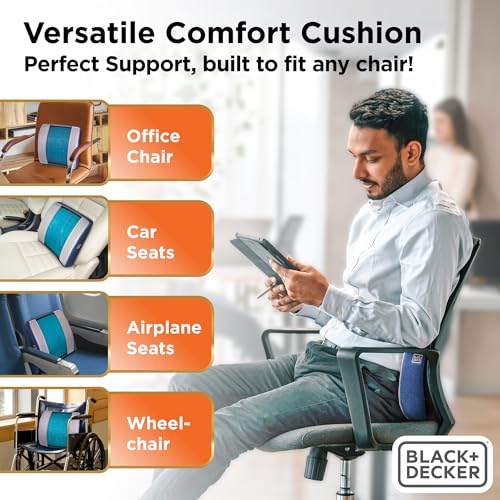 BLACK+DECKER Cooling Gel Lumbar Memory Foam Cushion – Ergonomic Back Support Travel Pillow with Ventilated Mesh, Adjustable Strap, Slow Rebound Memory Foam, Washable Cover - image 5