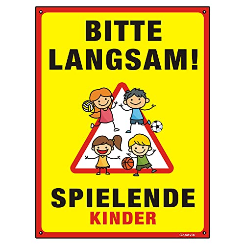 Goodvia Cartello XXL che gioca per bambini, 40 x 30 cm, in plastica, si prega di guidare lentamente, grande segnale di avvertimento con raggi UV, per interni ed esterni