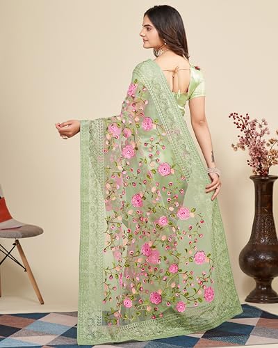 Image of VAIRAGEE Women's Beautiful Soft Net Embroidery Saree With Unstitched Blouse 6079